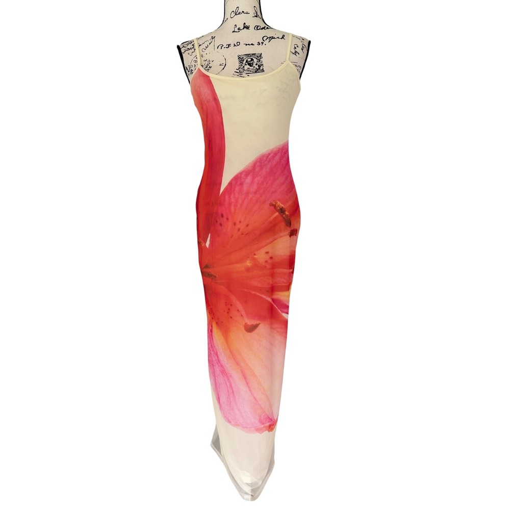 Peppermayo Pink Lily Floral Mesh Maxi Dress Cream Bodycon NWT Size US 6 Summery - Picture 2 of 16